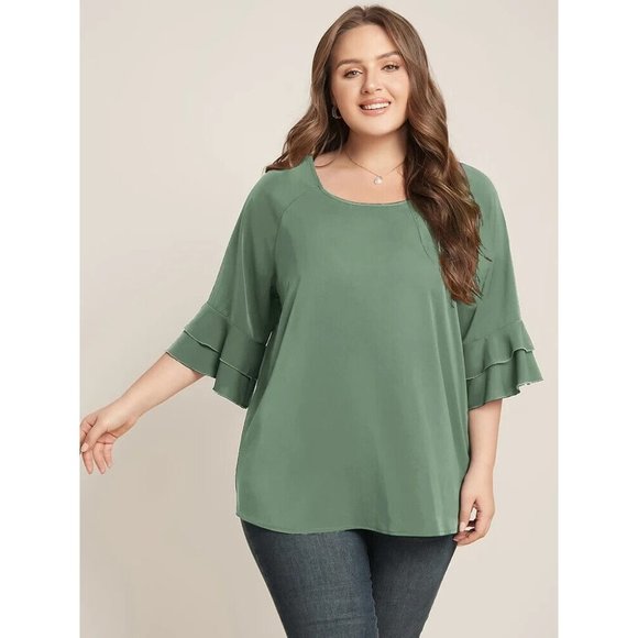 Bloomchic Tops - Bloomchic Womens Plain Ruffle Tiered Round Neck Blouse Green 12